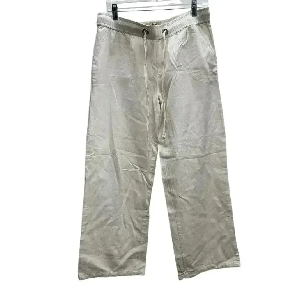 LAGACI White Linen Wide leg Drawstring Pants Side & Back Pockets Size M